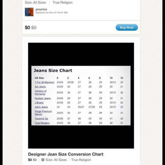 😍Designer Jeans Size Chart😍 - Picture 1 of 1
